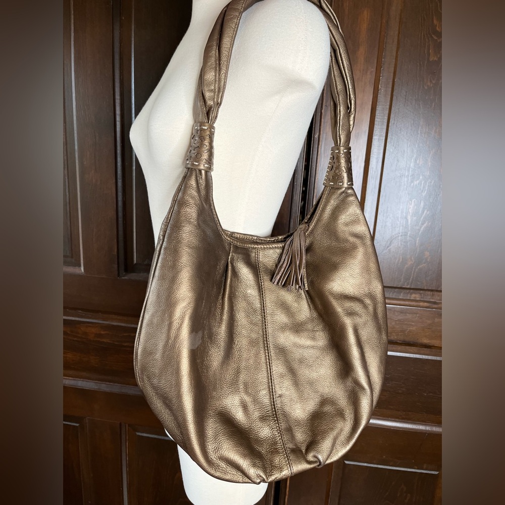 Coldwater Creek Bronze Metallic Leather Hobo Bag Purse Bucket Large Tassel Zip